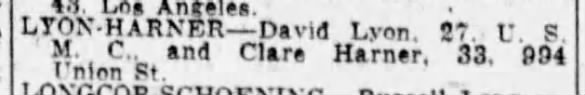 October 9, 1943 marriage of Clare Harner and David Lyon in San Francisco