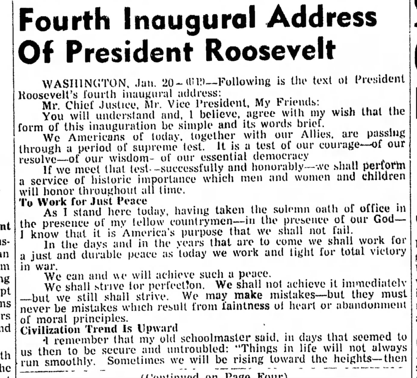 Fourth Inaugural Address of President Roosevelt