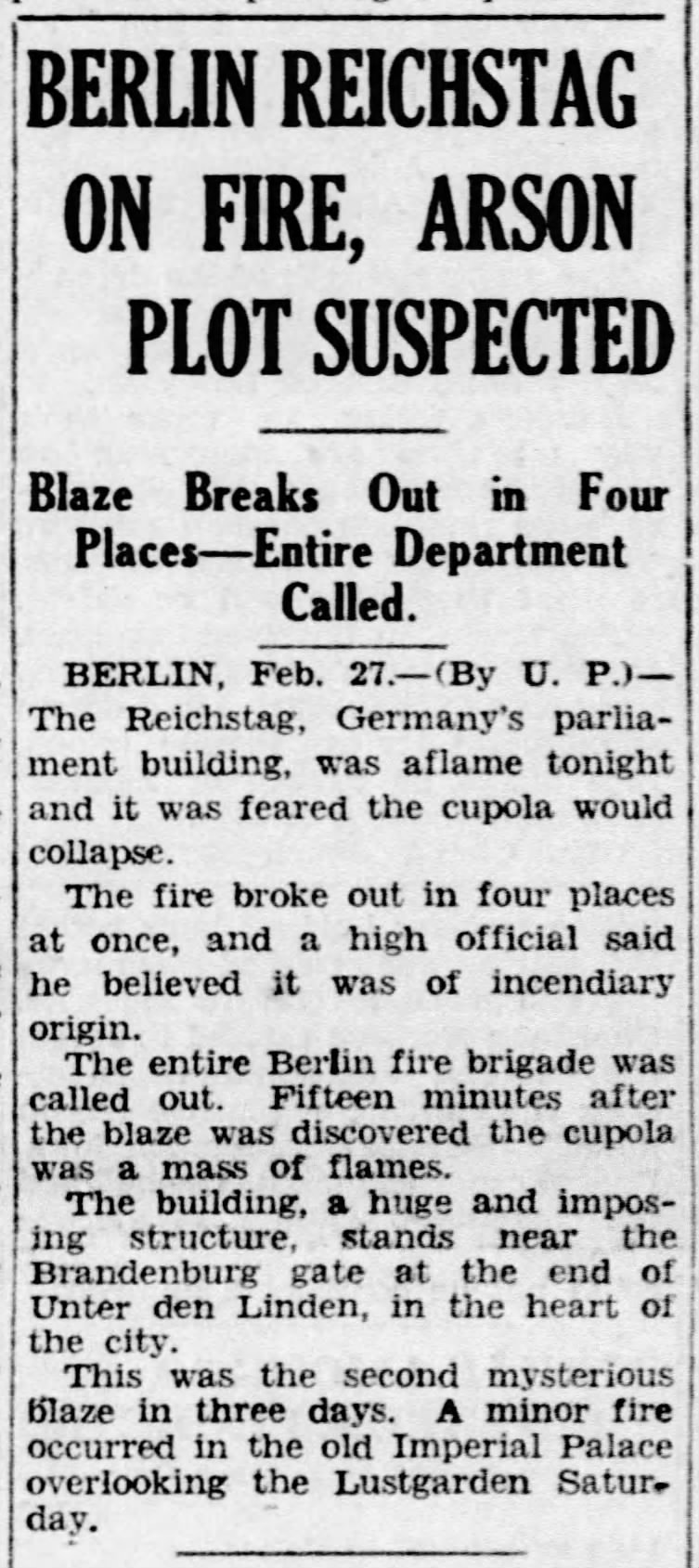 Berlin Reichstag on Fire, Arson Plot Suspected