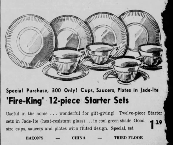Eaton's ad for jadeite 12 piece starter set in the Vancouver Sun