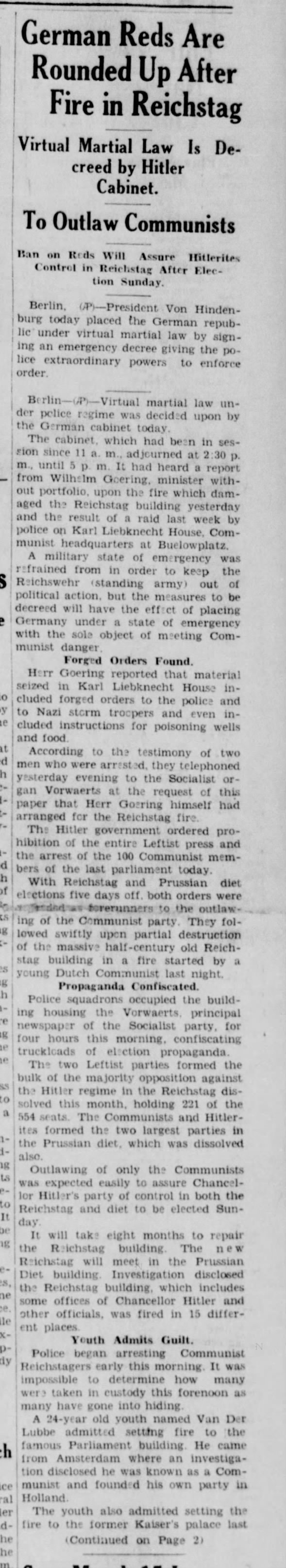 German Reds Are Rounded Up After Fire In Reichstag