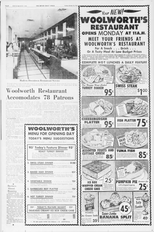 Woolworth's menu and article about its 