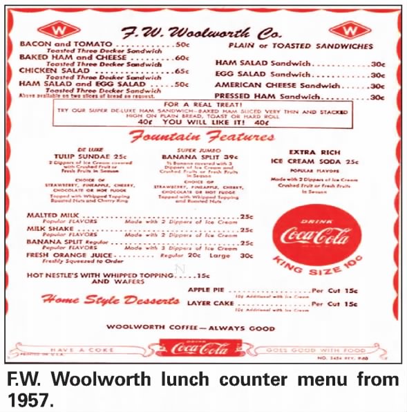 Woolworth's Lunch Counter Menu - 1957