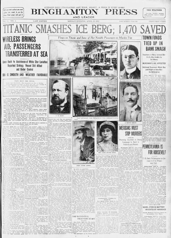 Titanic sinks - Binghampton, NY Press