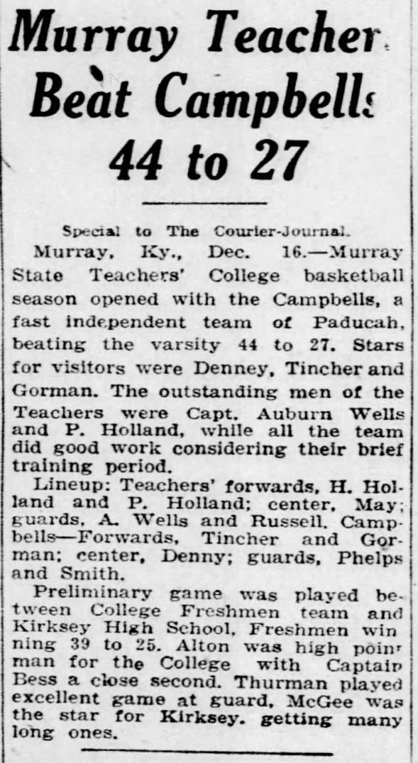 Dec 16 1926 Murray Teachers Vs Paducah Independents