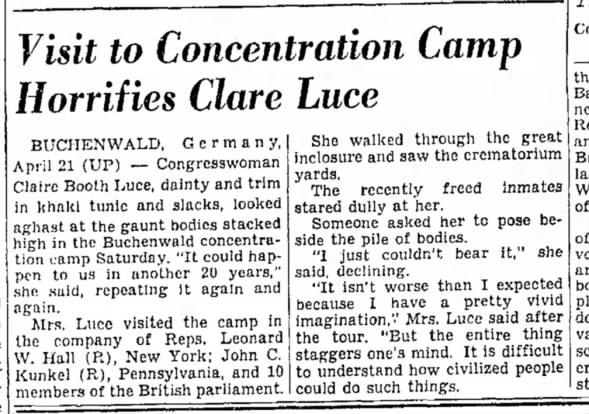 Visit To Concentration Camp Horrifies Clare Luce