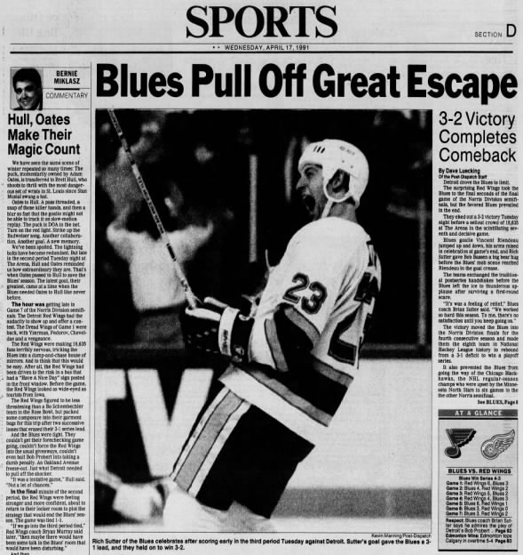 April 16, 1991: Blues 3, Detroit 2