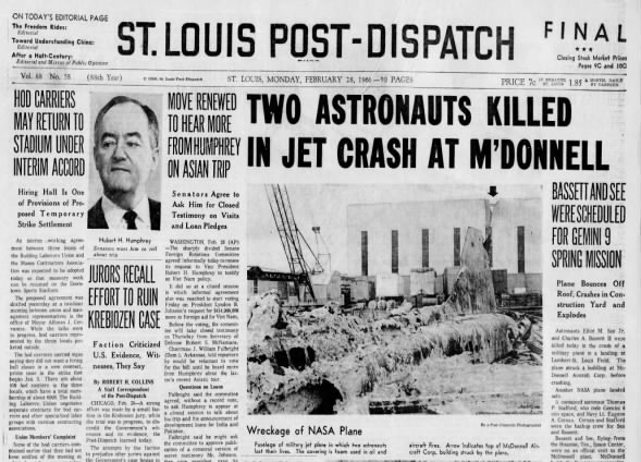 1966: Two Gemini astronauts are killed in a jet crash in St. Louis