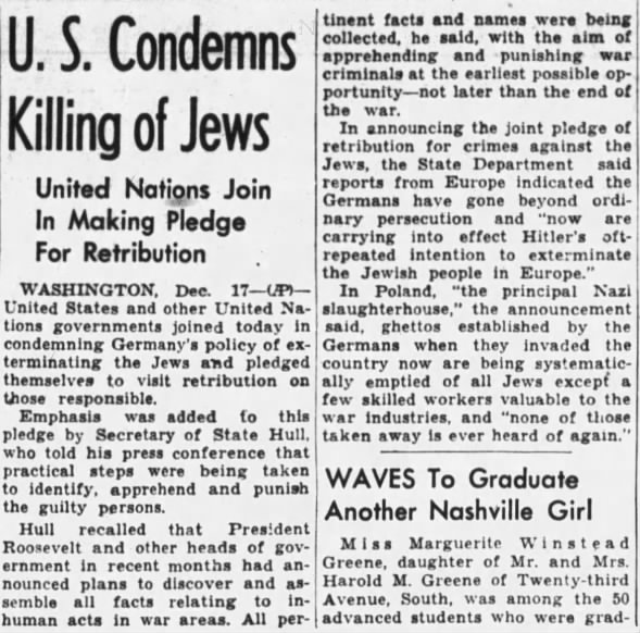 U.S. Condemns Killing of Jews