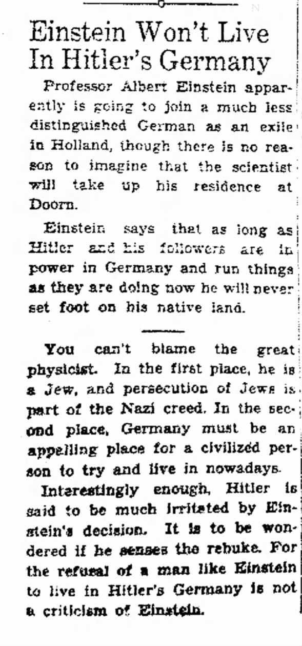 Einstein Won't Live in Hitler's Germany