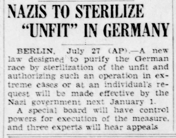 Nazis To Sterilize "Unfit" In Germany