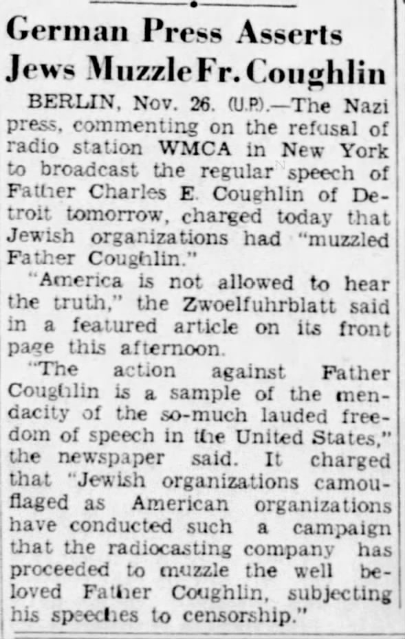 German Press Asserts Jews Muzzle Fr. Coughlin