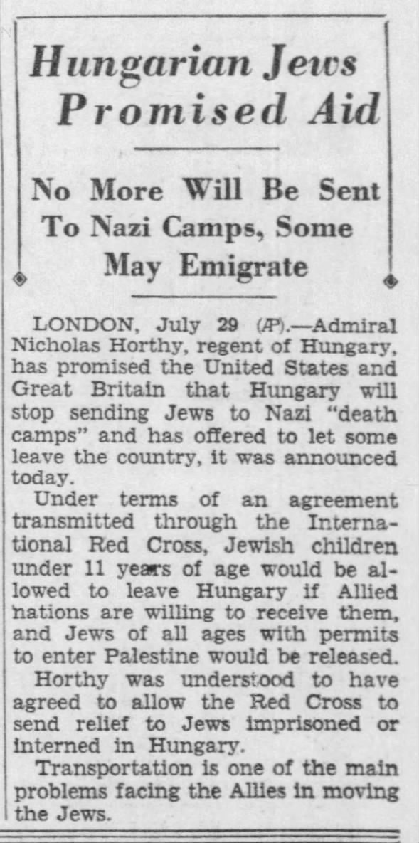 Hungarian Jews Promised Aid