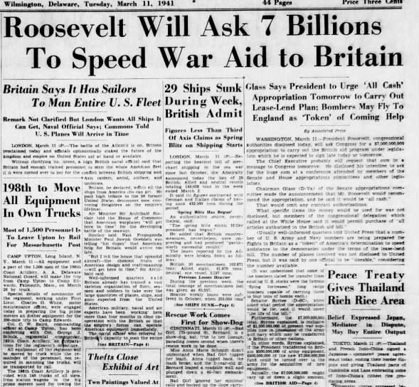Roosevelt Will Ask 7 Billions To Speed War Aid to Britian