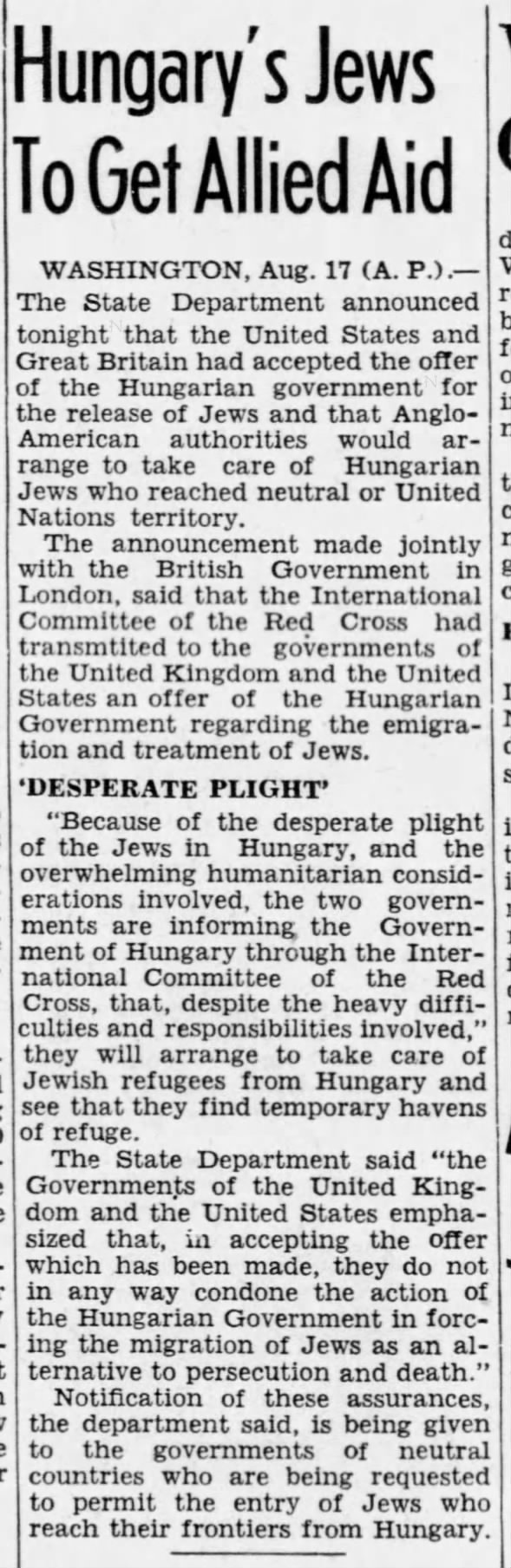 Hungary's Jews To Get Allied Aid