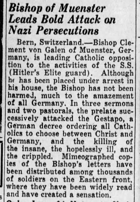 Bishop of Muenster Leads Bold Attack on Nazi Persecutions