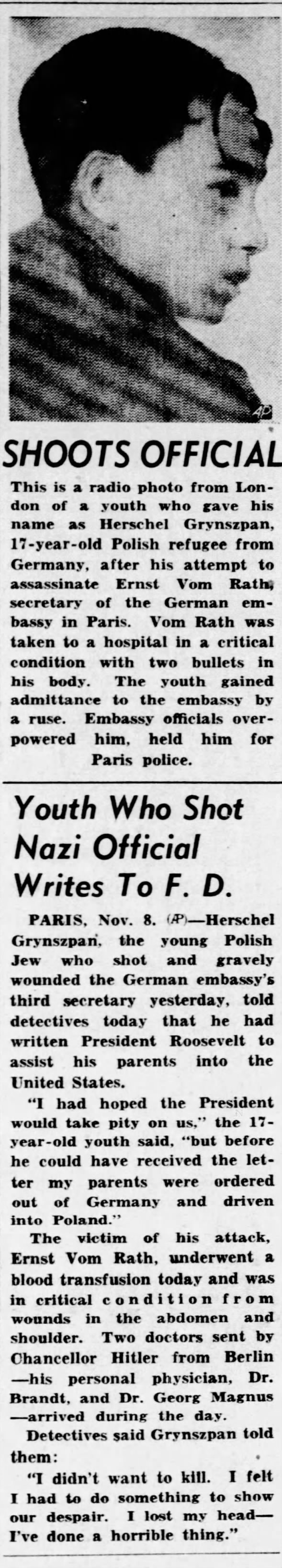 Youth Who Shot Nazi Official Writes to F.D.