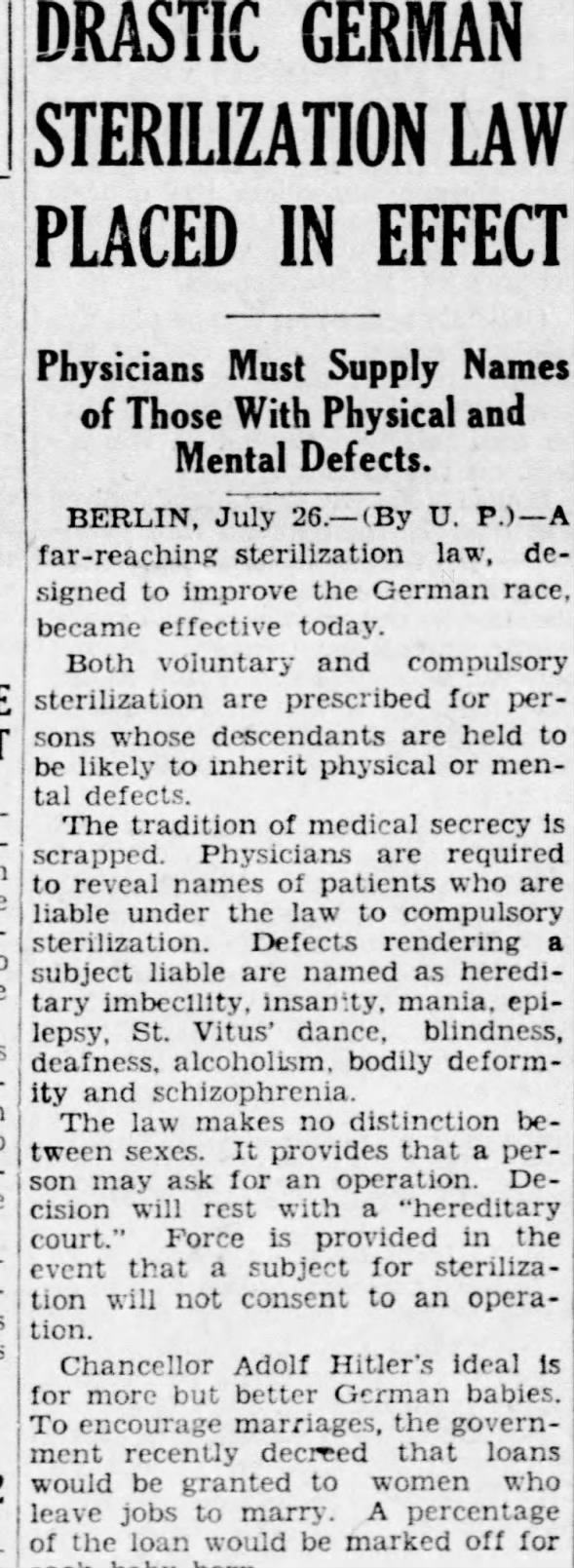 Drastic German Sterilization Law Placed In Effect