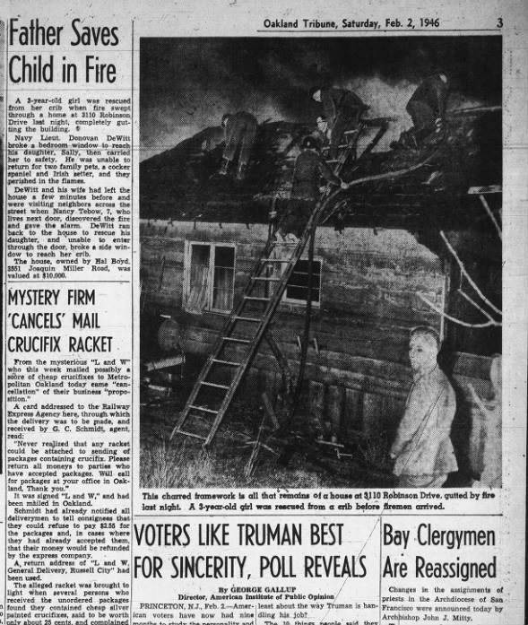 Father Saves Child in Fire - Boyd Canyon. Feb 02 1946
Thomas Hal Boyd
3115 Joaquin Miller Road