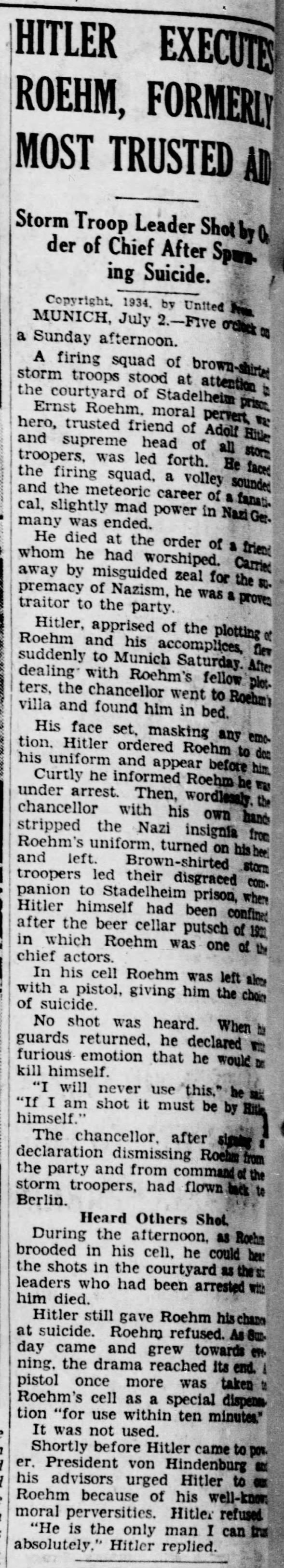 Hitler Executes Roehm, Formerly Most Trusted Aide