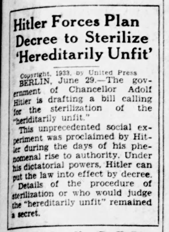 Hitler Forces Plan Decree To Sterilize 'Hereditarily Unfit'