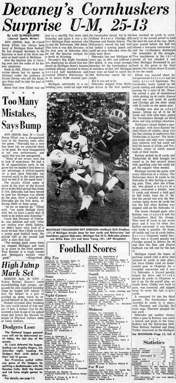 1962 Nebraska-Michigan football, Lansing 1