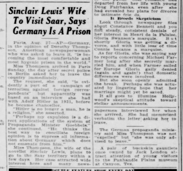 Sinclair Lewis’ Wife To Visit Saar, Says Germany Is A Prison