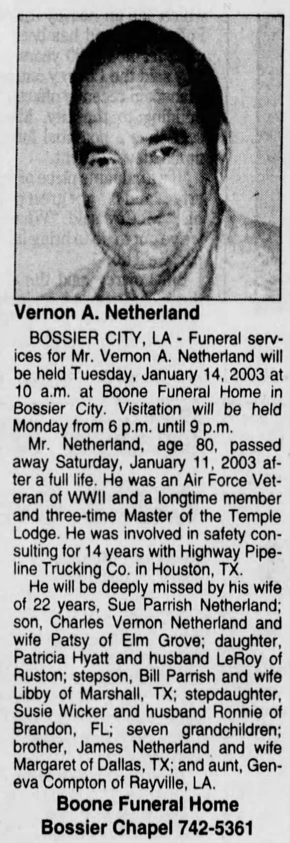 Vernon Netherland Obituary, 2003