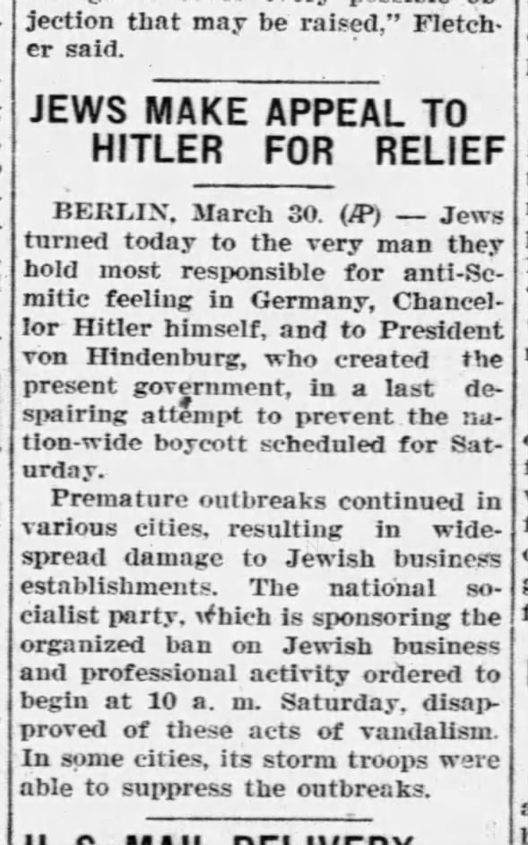 Jews Make Appeal To Hitler For Relief