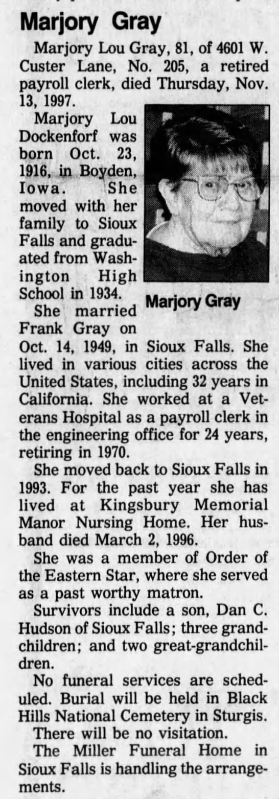  - Marjory Gray Marjory Lou Gray, 81, of 4601 W....