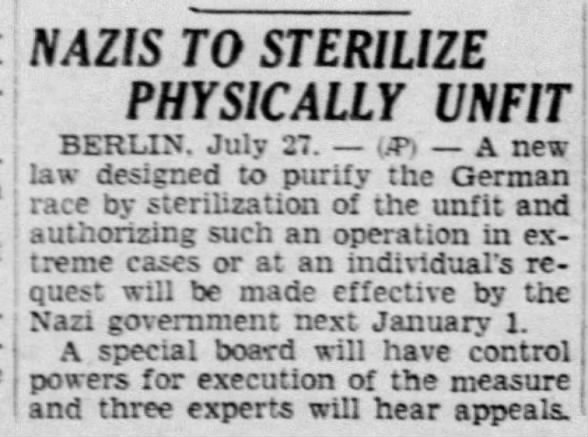 Nazis to Sterilize Physically Unfit