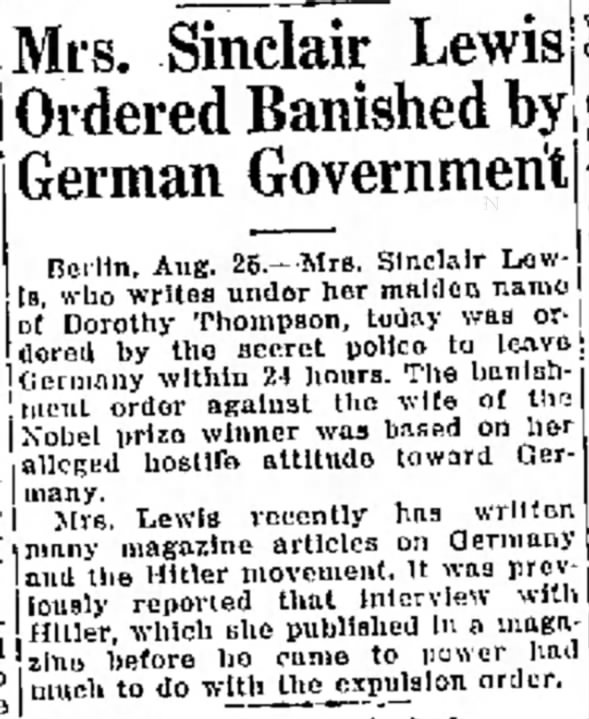 Mrs. Sinclair Lewis Ordered Banished By German Government