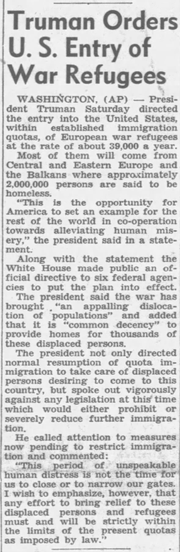 Truman Orders U.S. Entry of War Refugees