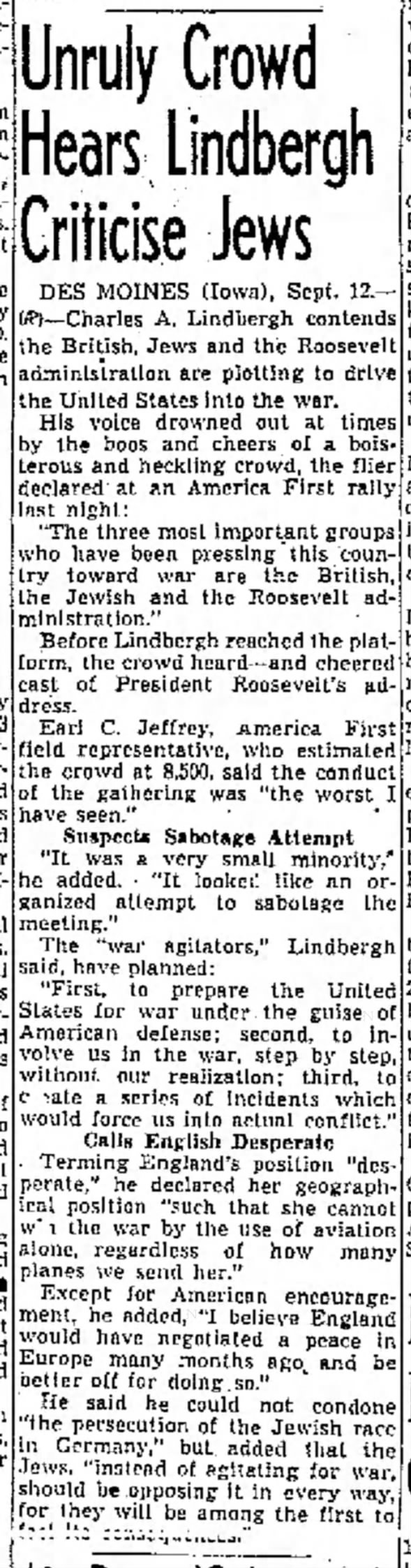 Unruly Crowd Hears Lindbergh Criticise Jews