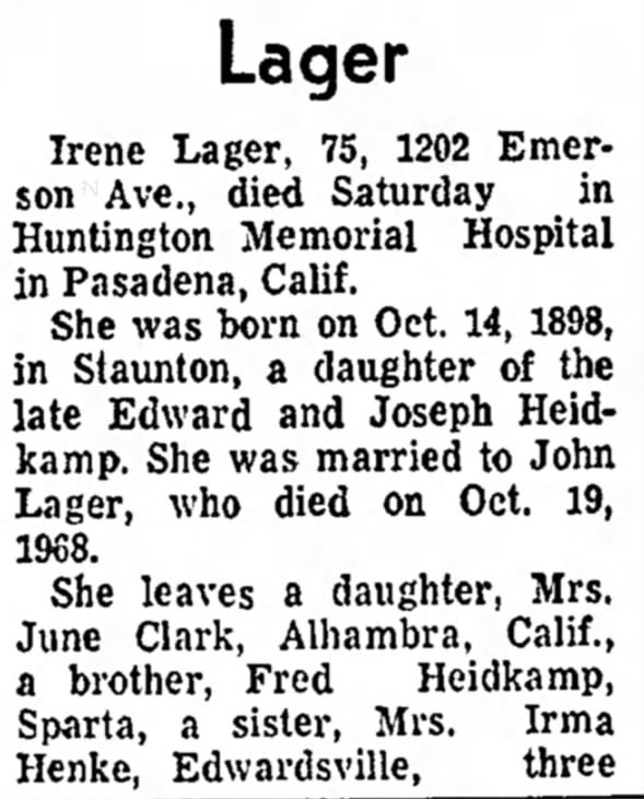 Irene Lager Obituary (Aged 75) - Part 1 of 2