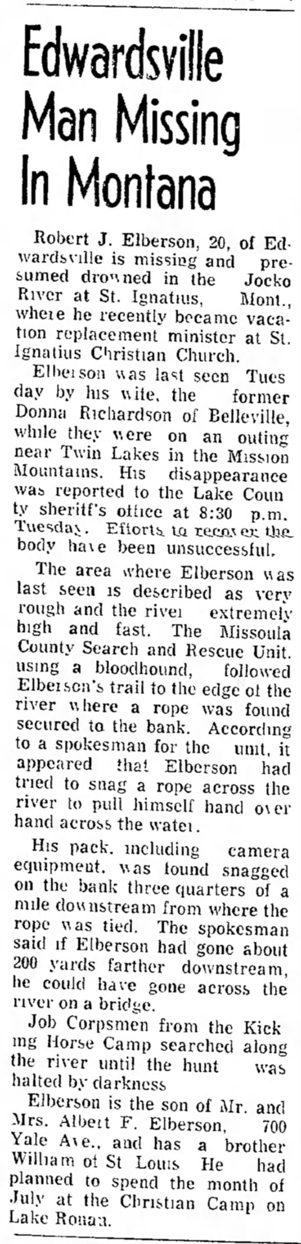 Robert J. Elberson Missing and Presumed Drowned