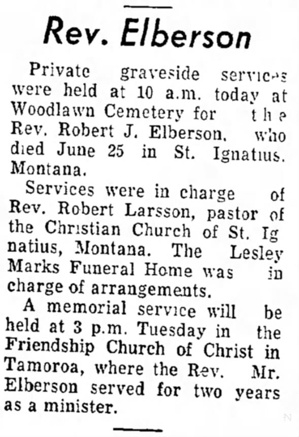 Rev. Robert J. Elberson Funeral Details (Aged 20)