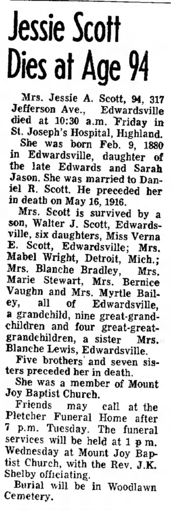 Jessie A. Scott Obituary (Aged 94)