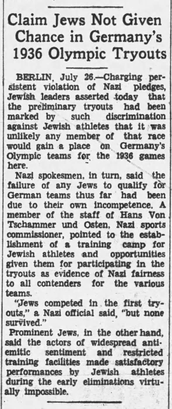 Claim Jews Not Given Chance in Germany's 1936 Olympic Tryouts