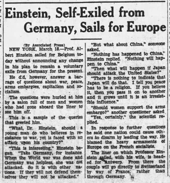 Einstein, Self-Exiled from Germany, Sails for Europe