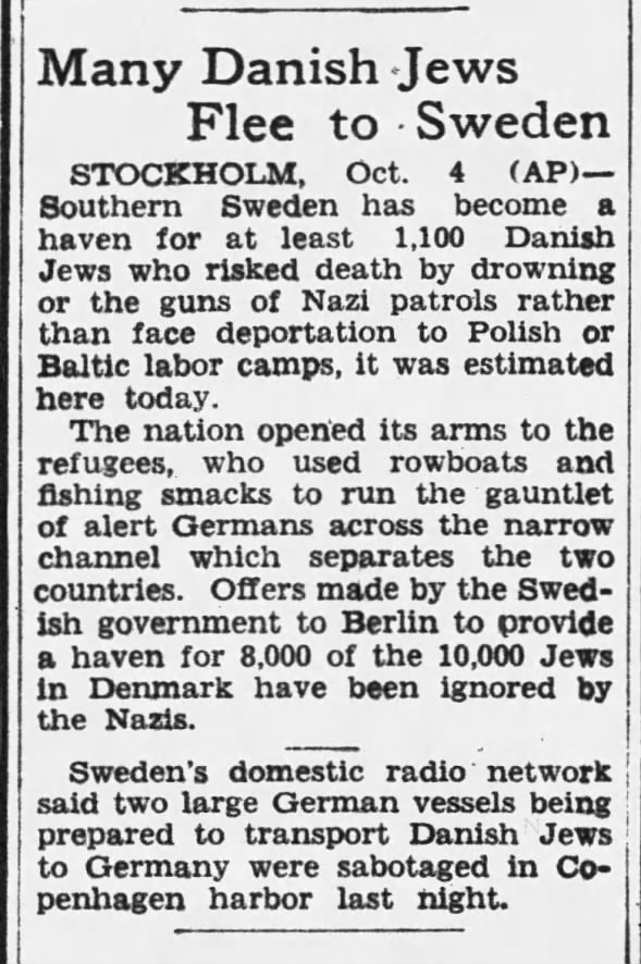 Many Danish Jews Flee to Sweden