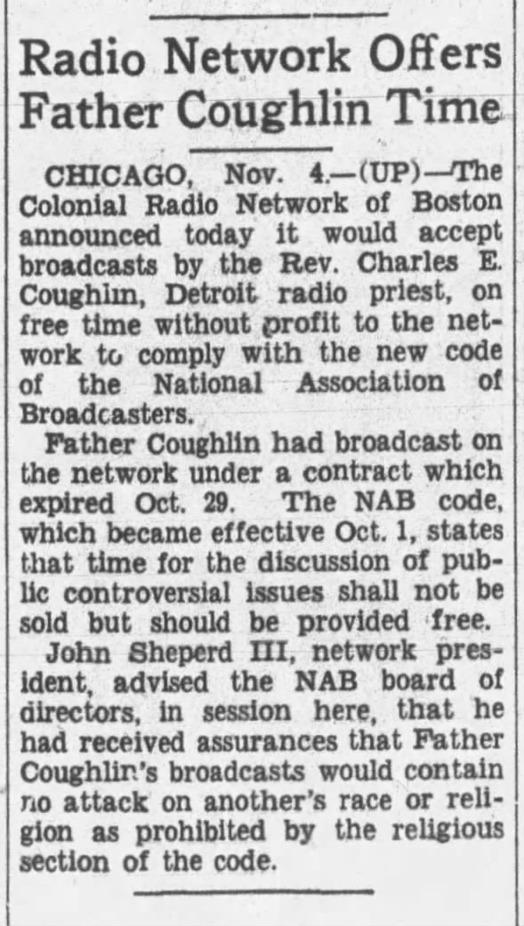 Radio Network Offers Father Coughlin Time