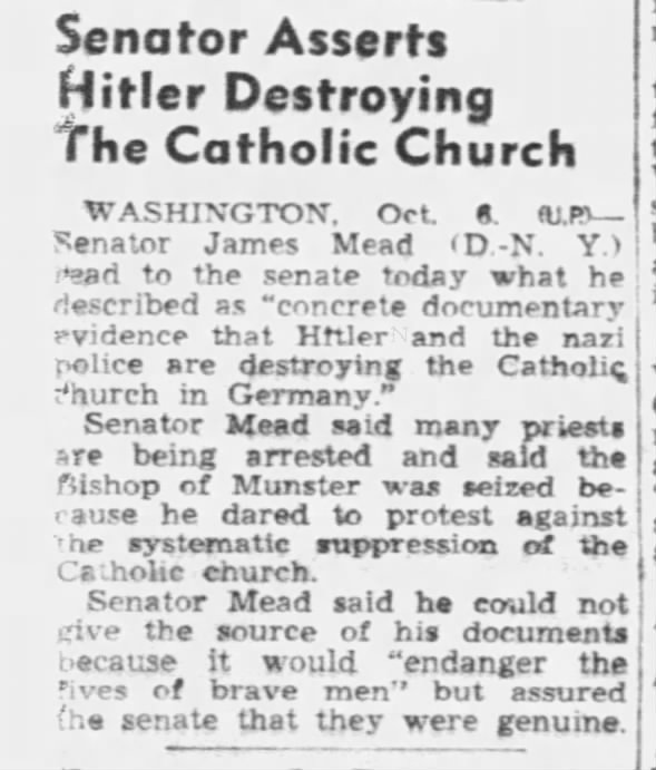 Senator Asserts Hitler Destroying The Catholic Church
