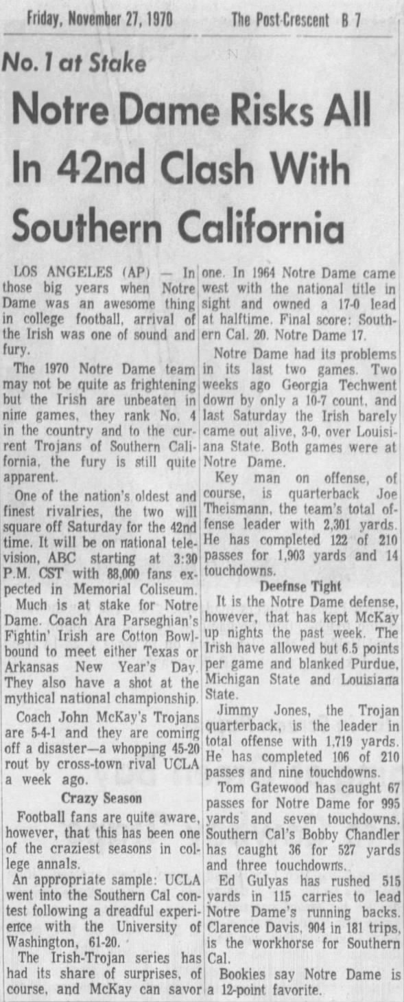 1970.11.27 Notre Dame-USC preview