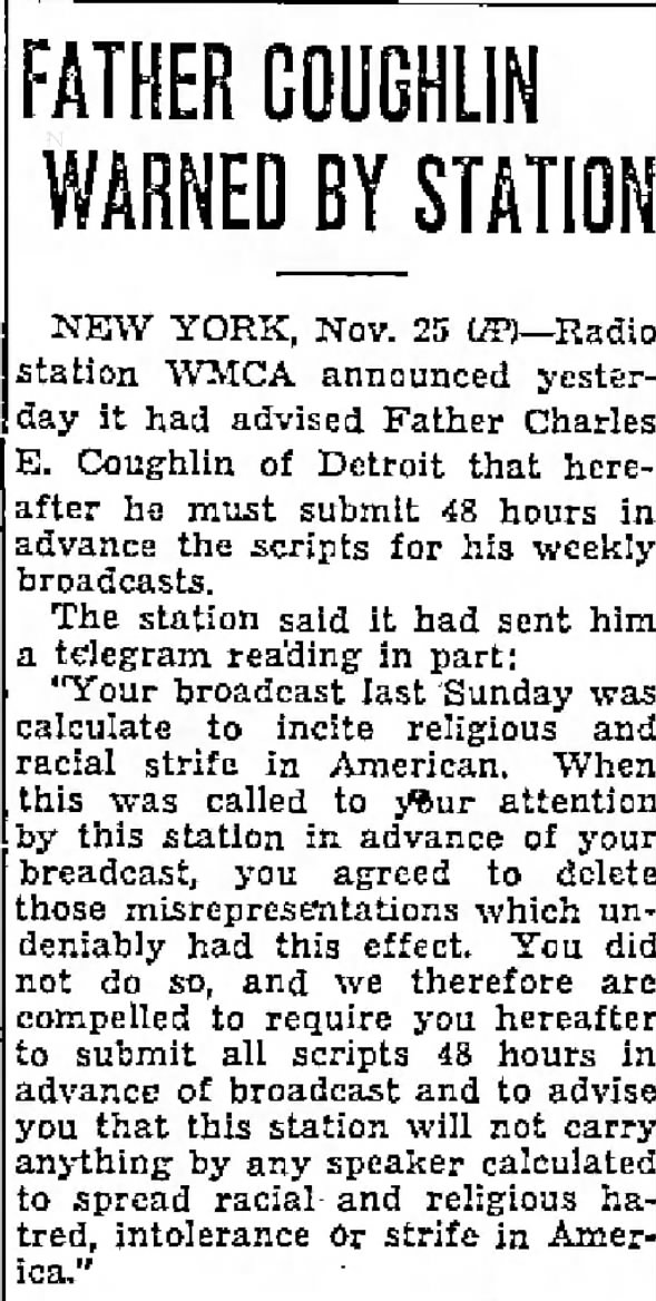 Father Coughlin Warned by Station