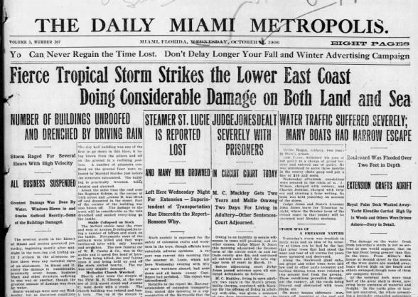 October 1906 hurricane hits Florida