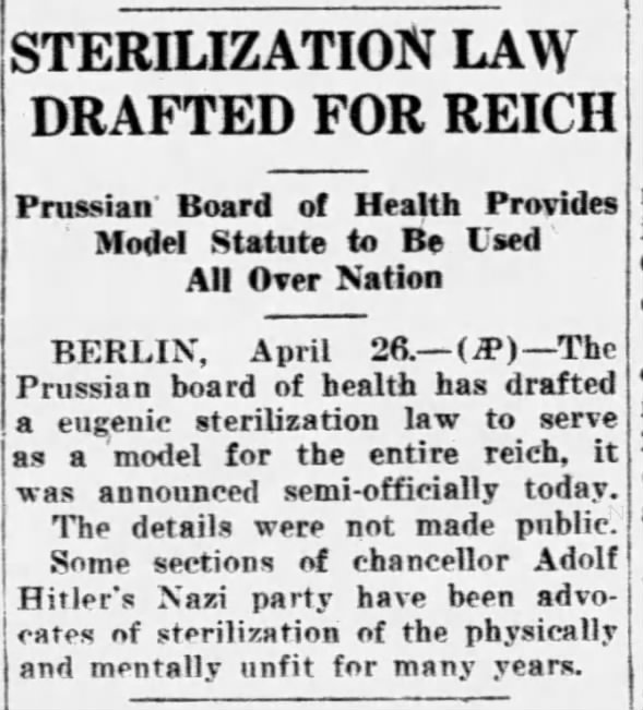 Sterilization law drafted for Reich