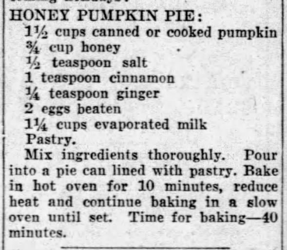 1932: Honey pumpkin pie