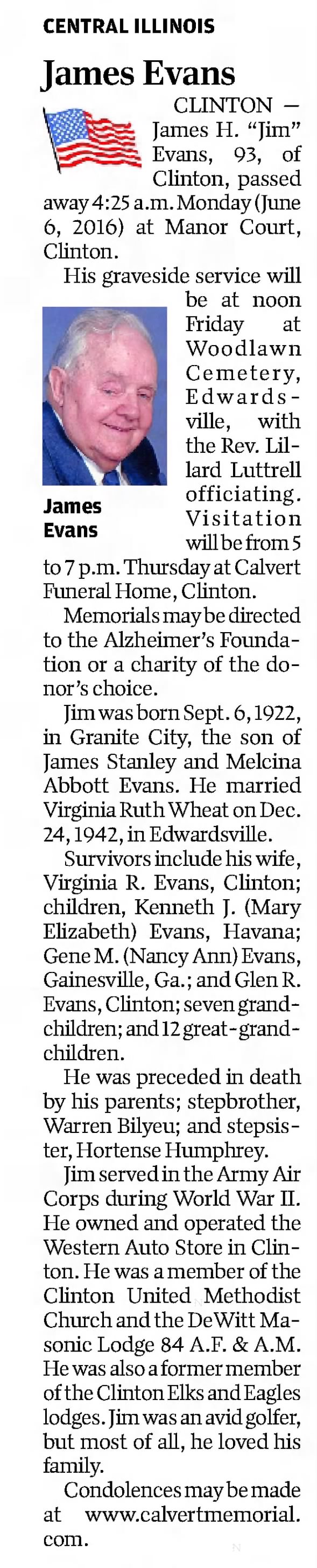 Obituary for James H. Evans, 1922-2016 (Aged 93)