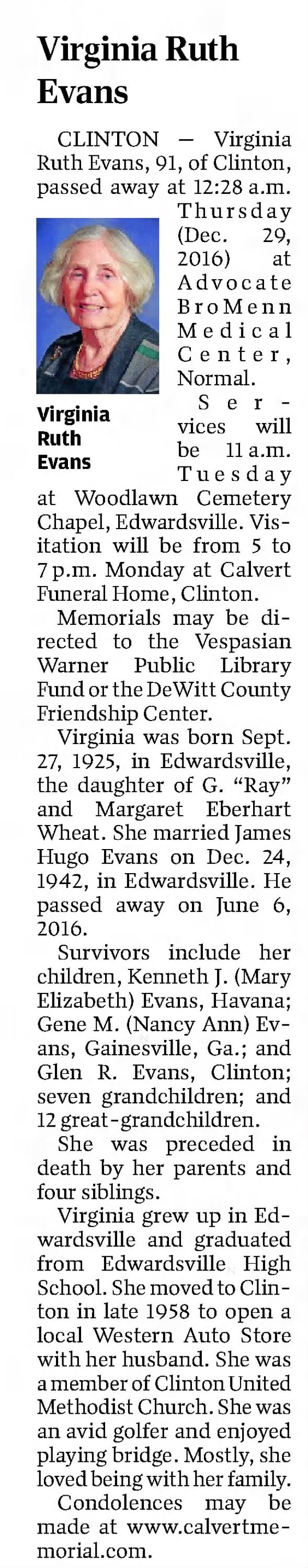 Obituary for Virginia Ruth Evans, 1925-2016 (Aged 91)